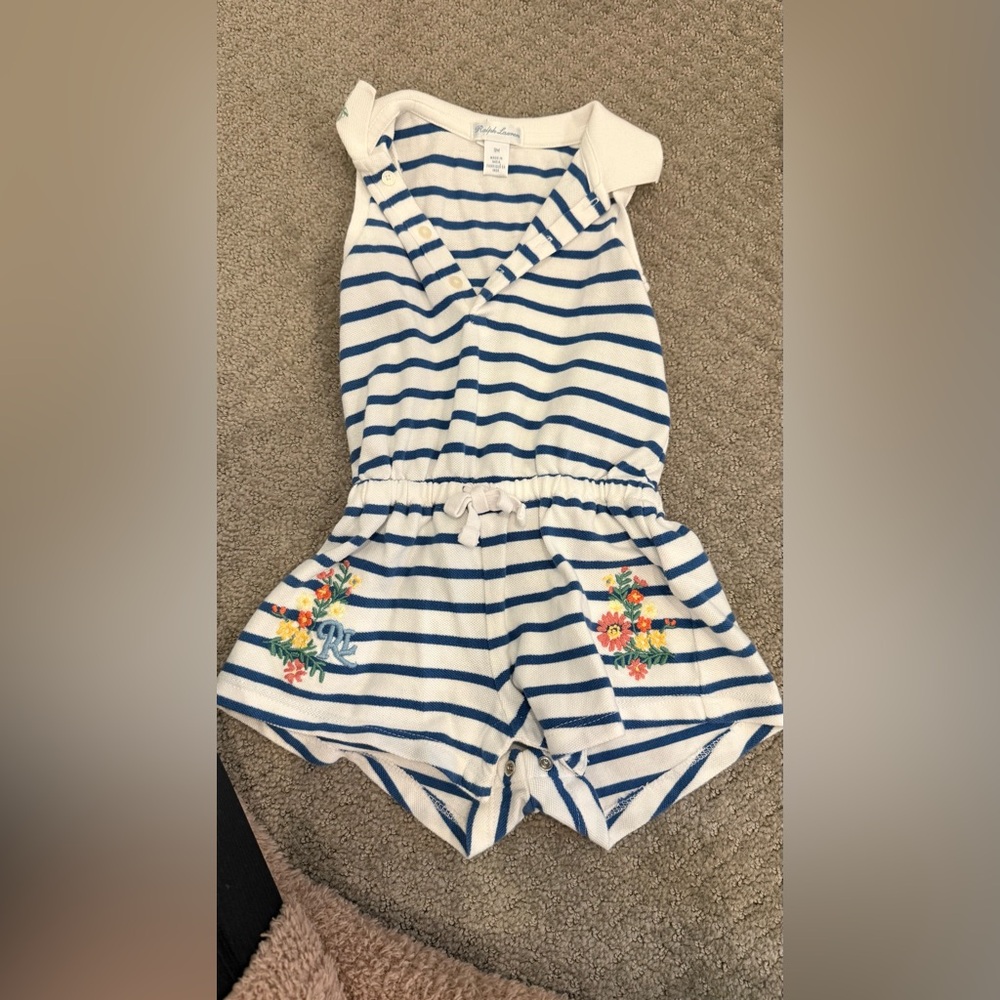 Ralph Lauren Navy and White Striped Kids Romper